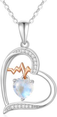 wholesale Sterling Silver Gemstone Love Heart Birthstone Necklace with Heartbeat Pendant for Women Gift for Mother Wife Girlfriend-06-Jun-Moonstone
