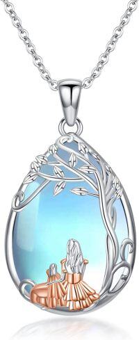 wholesale 925 Sterling Silver Blue Moonstone Family Tree Pendant Necklaces for Women Girls Mothers Day Gift-Mom & 1 Daughter-Tree of Life