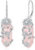 wholesale 925 Sterling Silver Rose Quartz Sunflower Earrings, Pink Crystal Chakra Healing Jewelry, 25x11mm-0-0