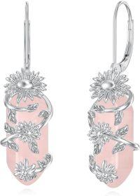 wholesale 925 Sterling Silver Rose Quartz Sunflower Earrings, Pink Crystal Chakra Healing Jewelry, 25x11mm-Rose Quartz