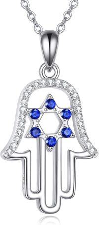 wholesale 925 Sterling Silver Hamsa Hand with Blue Sapphire and Cubic Zirconia Pendant Necklace for Women & Men-Hamsa