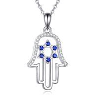wholesale 925 Sterling Silver Hamsa Hand with Blue Sapphire and Cubic Zirconia Pendant Necklace for Women & Men-Hamsa