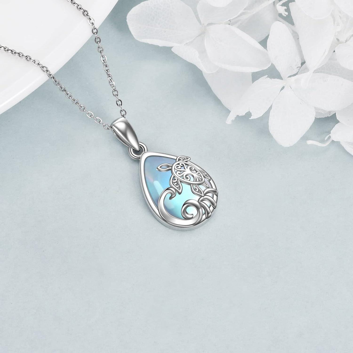 wholesale 925 Sterling Silver Teardrop Blue Shell Turtle Pendant Necklace-0-3