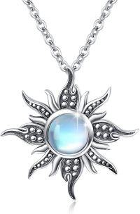wholesale 925 Sterling Silver Blue Moonstone Star Burst Pendant Necklace for Women Girls  45cm Chain Length-Retro Moonstone Sun Necklace