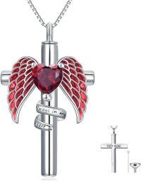 wholesale Sterling Silver Birthstone Angel Wing Cross Rose Heart Cremation Urn Necklace for Women with Funnel Kit ( chars)-Cross Personalized 01-Jan-Garnet-Cross Non-personalized 07-Jul-Ruby-Cross Personalized 07-Jul-Ruby