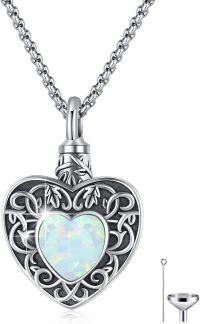wholesale 925 Sterling Silver Heart Opal Cremation Jewelry Urn Necklace with Funnel and Chain for Women & Men-10-Opal