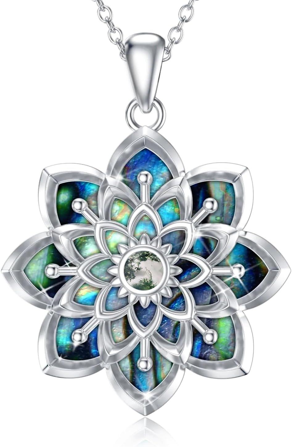 Sterling Silver Moonstone Opal Moss Agate Pendant Necklace-Lotus Moss Agate