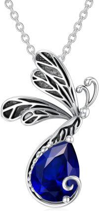 wholesale 925 Sterling Silver Blue Sapphire Butterfly Pendant Necklace-Lab Grown Sapphire