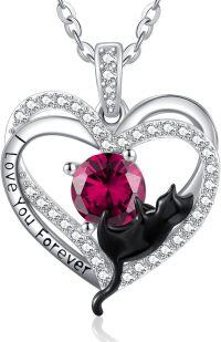 wholesale Sterling Silver Birthstone Cat Projection Heart Pendant Necklace-07 Jul - Ruby-07 Jul - Ruby