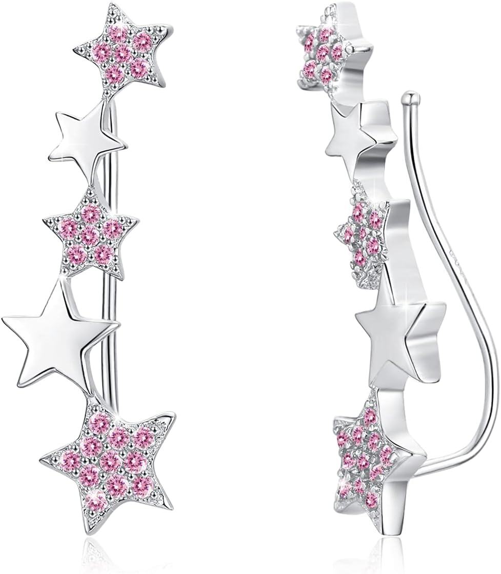 925 Sterling Silver Pink CZ Star Climber Ear Cuffs-0-0