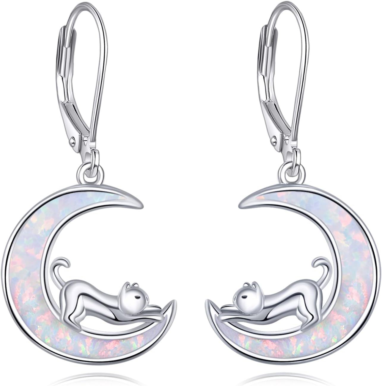 wholesale 925 Sterling Silver Moon & Cat Opal Drop Earrings for Pet Lovers-0-0
