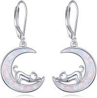 wholesale 925 Sterling Silver Moon & Cat Opal Drop Earrings for Pet Lovers-Moon Cat