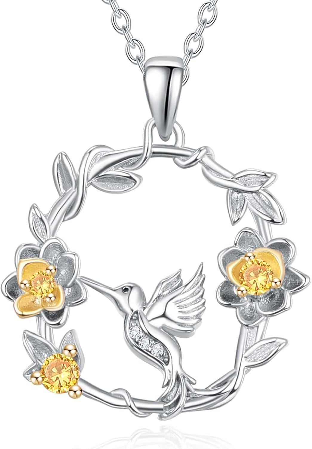 Sterling Silver Gemstone Cute Animal Flower Circle Necklace for Women Dog Fox Giraffe Unicorn Hummingbird Pendant Jewelry Gift -Hummingbird