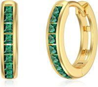 wholesale 14K Gold Emerald Hoop Earrings - 3 Row Green Gemstone Jewelry for Women (Hinged)-13mm(Hollow Back)