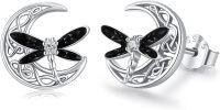 wholesale 925 Sterling Silver Celtic Moon Dragonfly Stud Earrings with Black Enamel and Cubic Zirconia - Irish  for Women-Dragonfly-Black