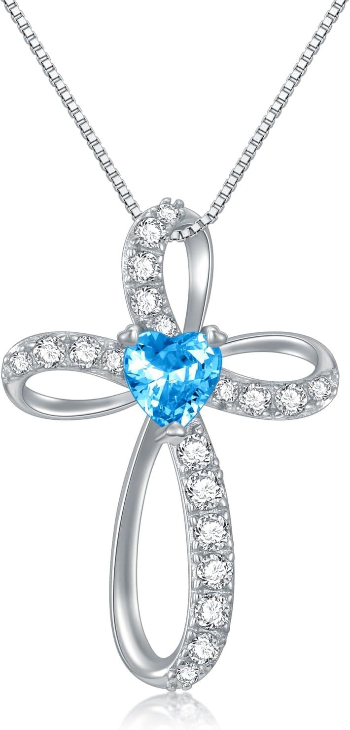  Sterling Silver Birthstone Cross Necklace for Women Birthday Mother s Day Gift ( )-12-Dec Birthstone - Blue Topaz