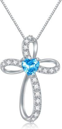 wholesale 925 Sterling Silver Birthstone Cross Necklace for Women Birthday Mother s Day Gift ( )-12-Dec Birthstone - Blue Topaz