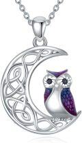 wholesale 925 Sterling Silver Owl on Crescent Moon Celtic Knotwork Purple Enamel Pendant Necklaces for Women Girls s 36 Chain Length-0-0