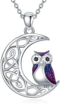 wholesale 925 Sterling Silver Owl on Crescent Moon Celtic Knotwork Purple Enamel Pendant Necklaces for Women Girls s 36 Chain Length-Owl