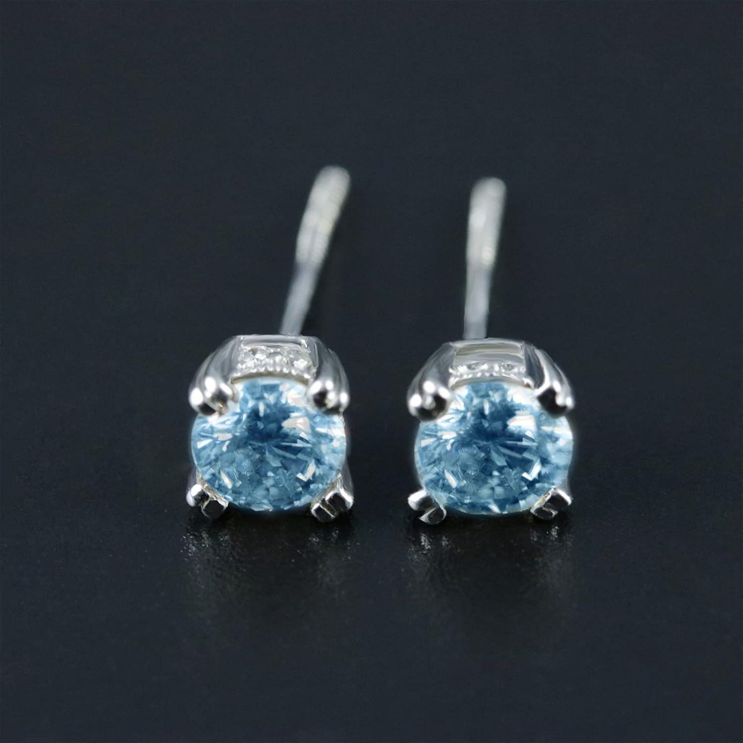 925 Sterling Silver Blue Topaz Stud Earrings with Cubic Zirconia Accents - Square Shape-0-3