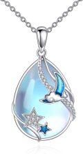 wholesale 925 Sterling Silver Teardrop Moonstone Blue Enamel Bird & Star Pendant Necklace-0-0
