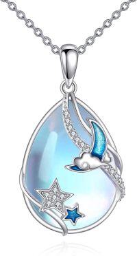 wholesale 925 Sterling Silver Teardrop Moonstone Blue Enamel Bird & Star Pendant Necklace-Star moon necklace