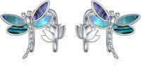 wholesale 925 Sterling Silver Dragonfly Clip-On Studs for Non-Pierced Ears - Blue & Green AB Shell Inlay Lotus Flower Design s for Women and Girls-Dragonfly Cuff Earrings