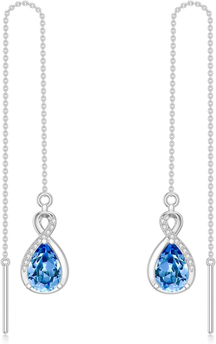Sterling Silver 12 Birthstone Infinity Threader Drop Earrings for Women-3-Mar-Aquamarine Blue