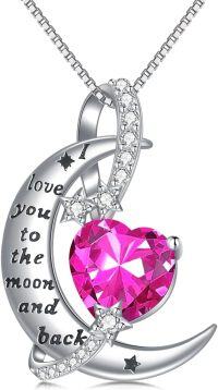 wholesale 925 Sterling Silver Birthstone Love You to the Moon Heart Necklace-10-October-Pink Tourmaline