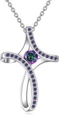 wholesale  925 Sterling Silver Rainbow Stone Cross Necklace for Women, Faith Jewelry with Birthstone Pendant, 1.06 Inch Religious Gift-0-0