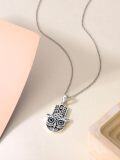 wholesale 925 Sterling Silver Owl and Hamsa Pendant with Blue Eyes on Chain-0-3