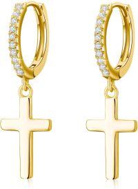 wholesale Gold Plated CZ Stone Cross Huggie Hoops for Women Men 925 Sterling Silver Minimalist Earings Lightweight Hypoallergenic Gift Idea-03-Cross Earrings(Rose Gold)