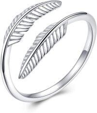 wholesale 925 Sterling Silver Feather Ring Adjustable Open Ring for Women with Jewelry-Silver