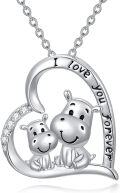 wholesale 925 Sterling Silver Heart-Shaped Hippo Pendant Necklaces - I Love You Forever Gifts for Mom/Mother's Day/Women/Girls-0-0