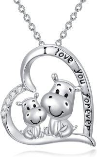 wholesale 925 Sterling Silver Heart-Shaped Hippo Pendant Necklaces - I Love You Forever Gifts for Mom/Mother's Day/Women/Girls-Two Hippo