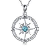 wholesale 925 Sterling Silver Compass Pendant Necklace With Turquoise Stone White Gold Plated-Compass