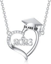wholesale 925 Sterling Silver 2023 Class of Graduation Cap & Heart Pendant Necklace for Women-Style-3-2023