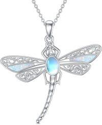 wholesale 925 Sterling Silver Opal Dragonfly Necklace Moonstone Turquoise Pendant Jewelry for Women Mom Her Christmas Birthday Gifts-Moonstone_Silver