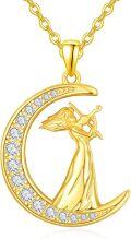 wholesale Gold-Plated 925 Sterling Silver Angel on Crescent Moon CZ Pendant Necklace for Women-0-0