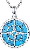 wholesale 925 Sterling Silver Blue Turquoise & Cubic Zirconia Compass Pendant Necklace for Women Girls Gifts Vintage Bohemian Style Jewelry 45cm Chain Length-0-0