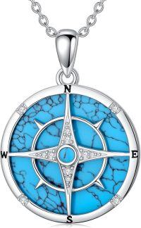 wholesale 925 Sterling Silver Blue Turquoise & Cubic Zirconia Compass Pendant Necklace for Women Girls Gifts Vintage Bohemian Style Jewelry 45cm Chain Length-Style 3