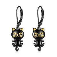wholesale 925 Sterling Silver Cute Black Cat Earrings Wholesale With Gold Details-Black Cat Earrings