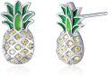wholesale 925 Sterling Silver Pineapple Stud Earrings with Green Enamel and Yellow CZs - Fashionable Gift for Women & Teenage Girls-0-0