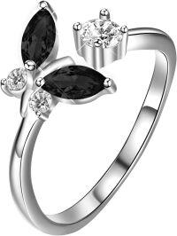 wholesale 925 Sterling Silver & Jet Black Crystal Dancing Butterfly Adjustable Open Ring, Elegant Sparkly Gift for Women-Black