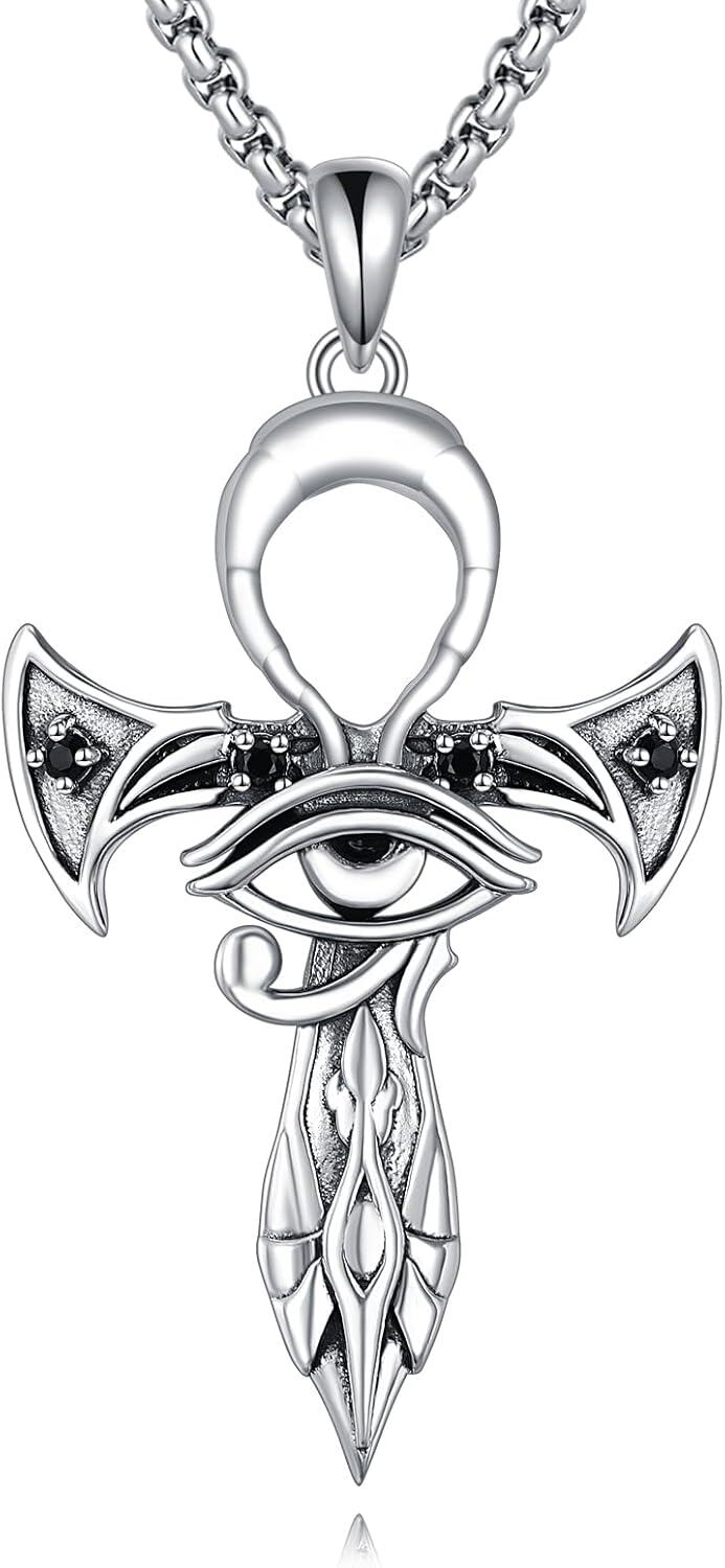 wholesale 925 Sterling Silver Egyptian Eye Of Horus Cross Pendant Necklaces For Men s 45cm Chain Length-0-0