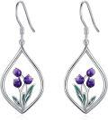 wholesale 925 Sterling Silver Purple Tulips Drop Earrings with Green Leaves and Teardrop Shape-0-0