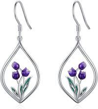 wholesale 925 Sterling Silver Purple Tulips Drop Earrings with Green Leaves and Teardrop Shape-Tulip B