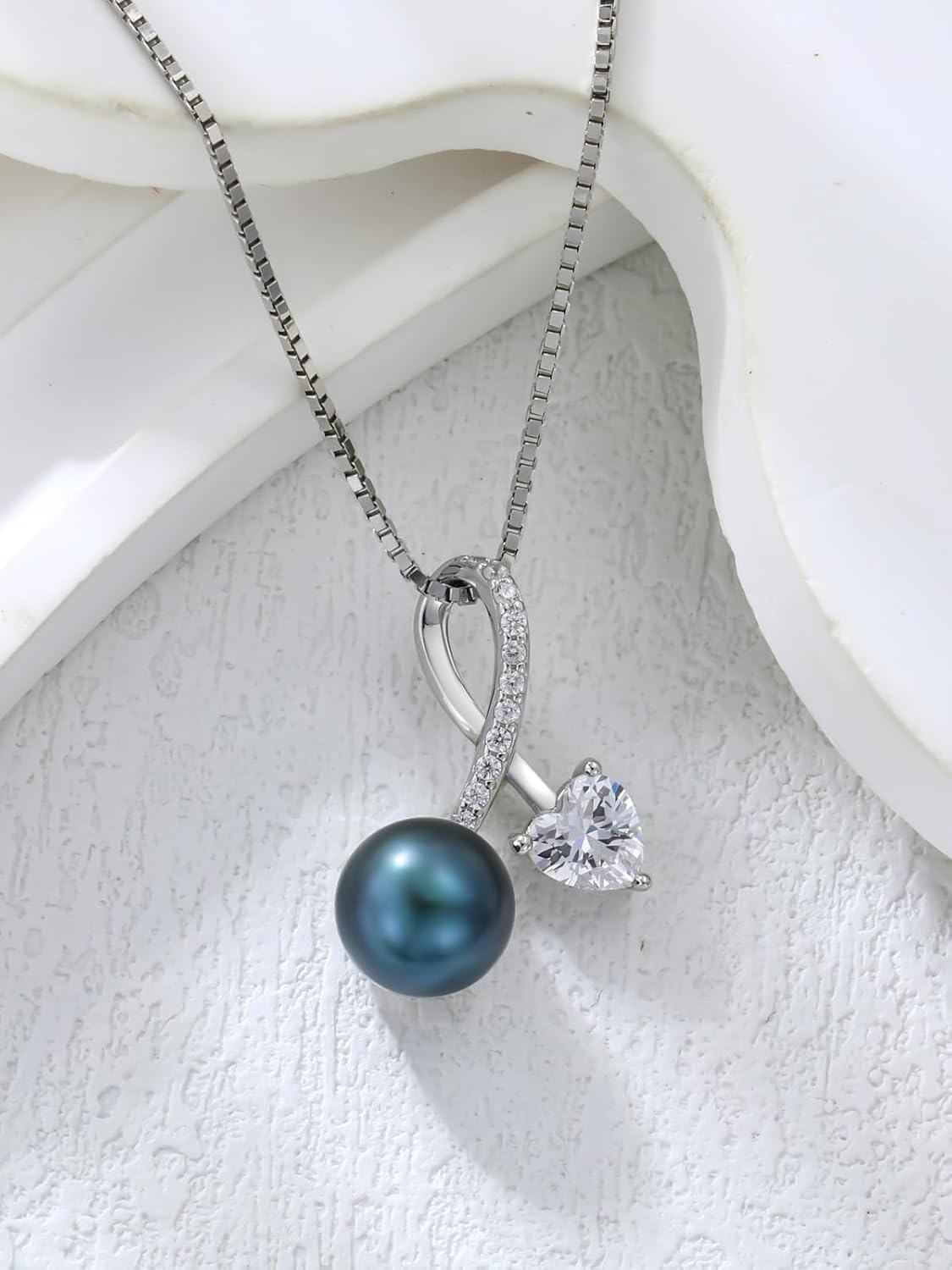 wholesale 925 Sterling Silver & White Gold Plated Black Pearl and Cubic Zirconia Heart Pendant Necklace for Women-0-1