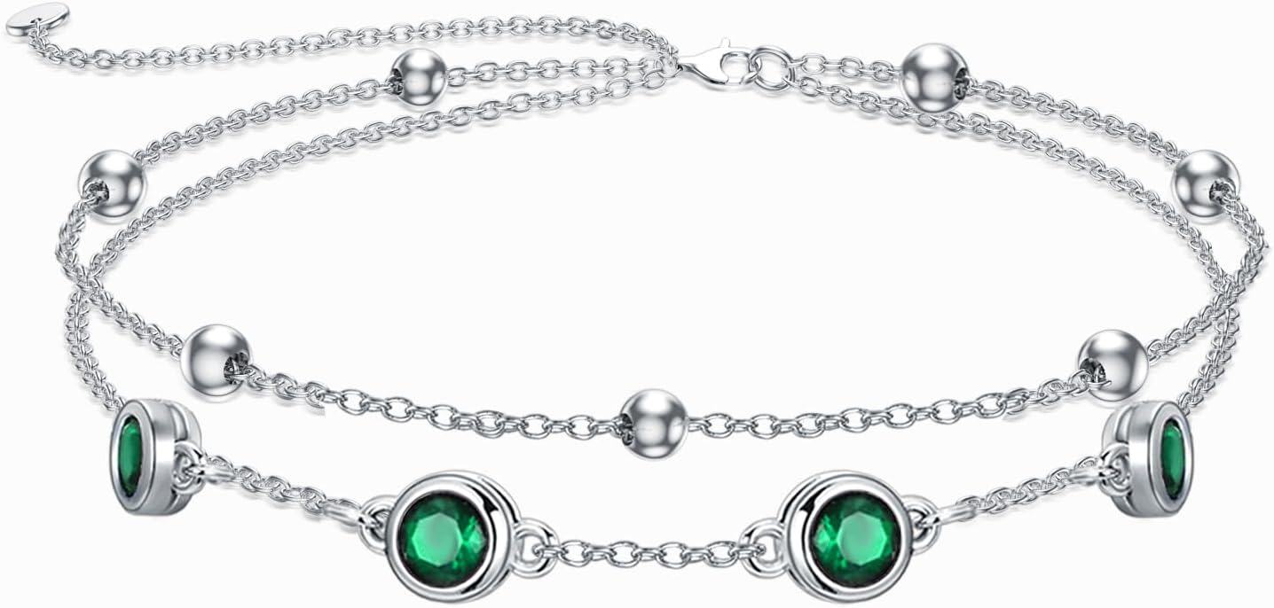 Sterling Silver Birthstone Anklet Bracelets for Women Gifts-05-Emerald Anklet 9\"-11\"