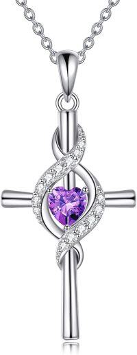 wholesale 925 Sterling Silver Birthstone Cross Pendant Necklace for Women-February-Purple